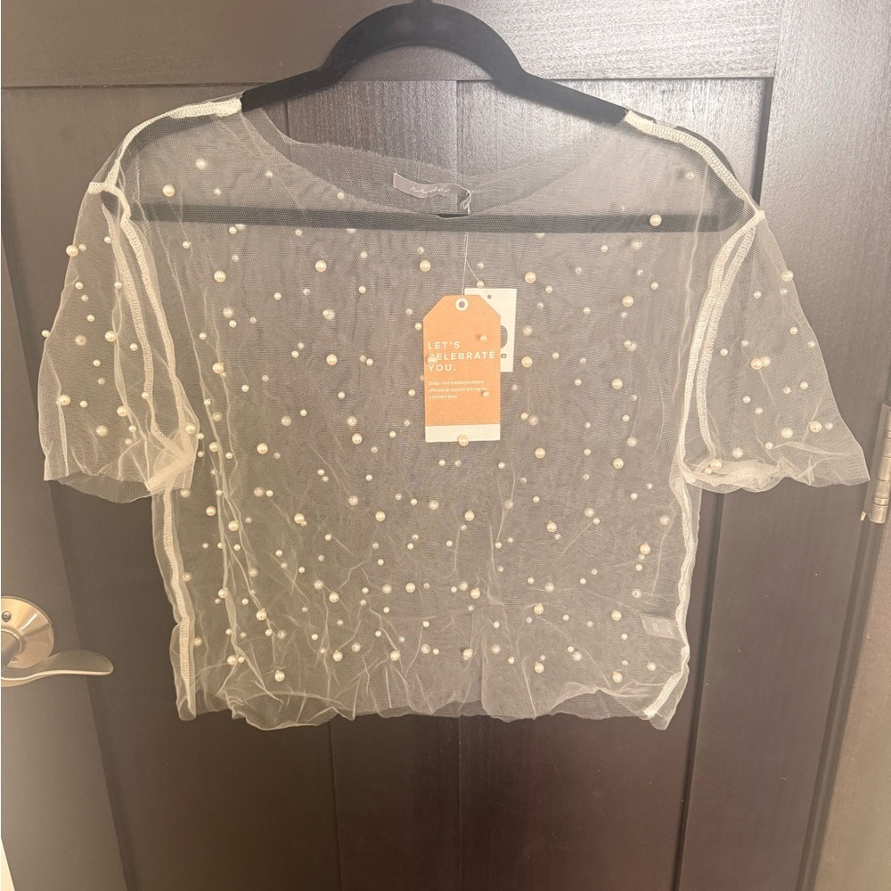 Buckle Sheer Pearl-Embellished Short Sleeve Top - Cream